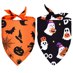 2 Pieces Halloween Dog Bandanas Double-Sided Reversible Triangle Scarf Cute Ghost and Pumpkin Design Spooky Cat and Spider Pattern Halloween Pet Costume Accessories for Dogs and Cats (Large)