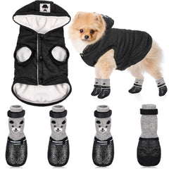 Hooded Cotton Puppy Jacket & Waterproof Boots Set (Grey, S-XL)