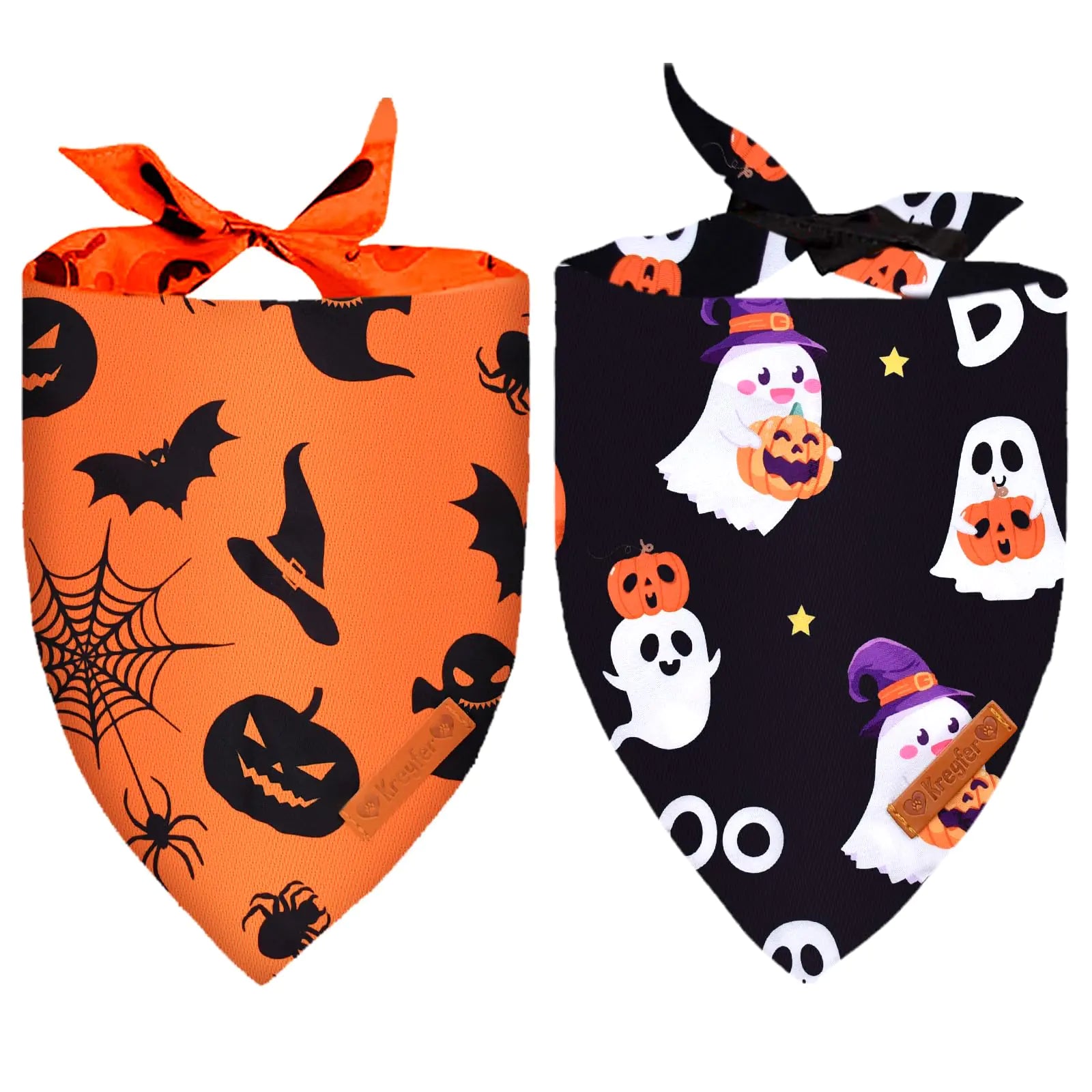 2 Pieces Halloween Dog Bandanas Double-Sided Reversible Triangle Scarf Cute Ghost and Pumpkin Design Spooky Cat and Spider Pattern Halloween Pet Costume Accessories for Dogs and Cats (Large)