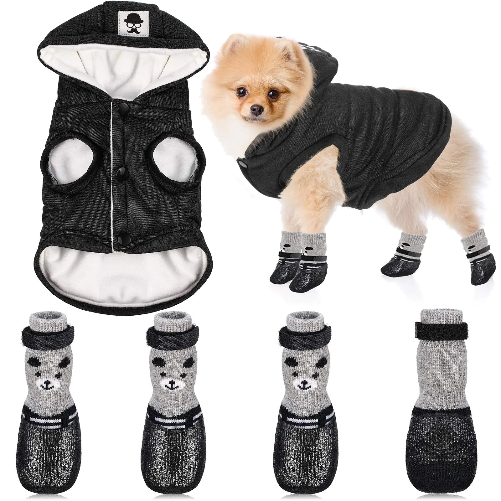 Hooded Cotton Puppy Jacket & Waterproof Boots Set (Grey, S-XL)