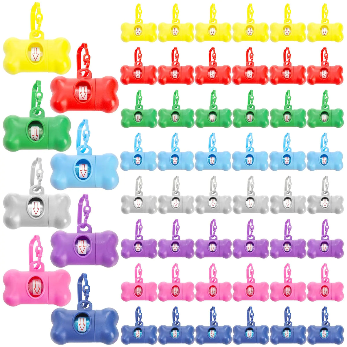 Colorful Bone-Shaped Poop Bag Dispensers – 56 Pack | Durable, Lightweight, Clip-On Holders for Dog Waste Bags